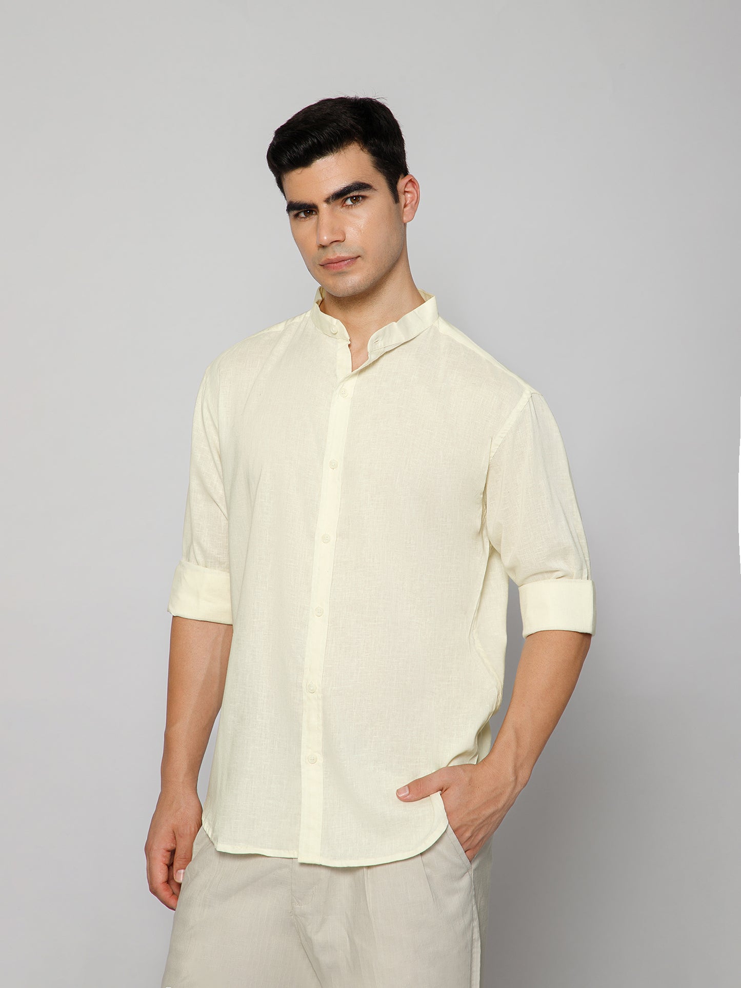 Men’s Butter Yellow Mandarian Collar Shirt