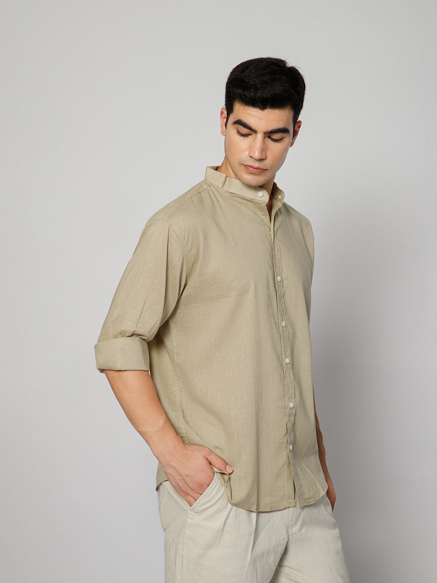 Men’s Beige Mandarian Collar Shirt