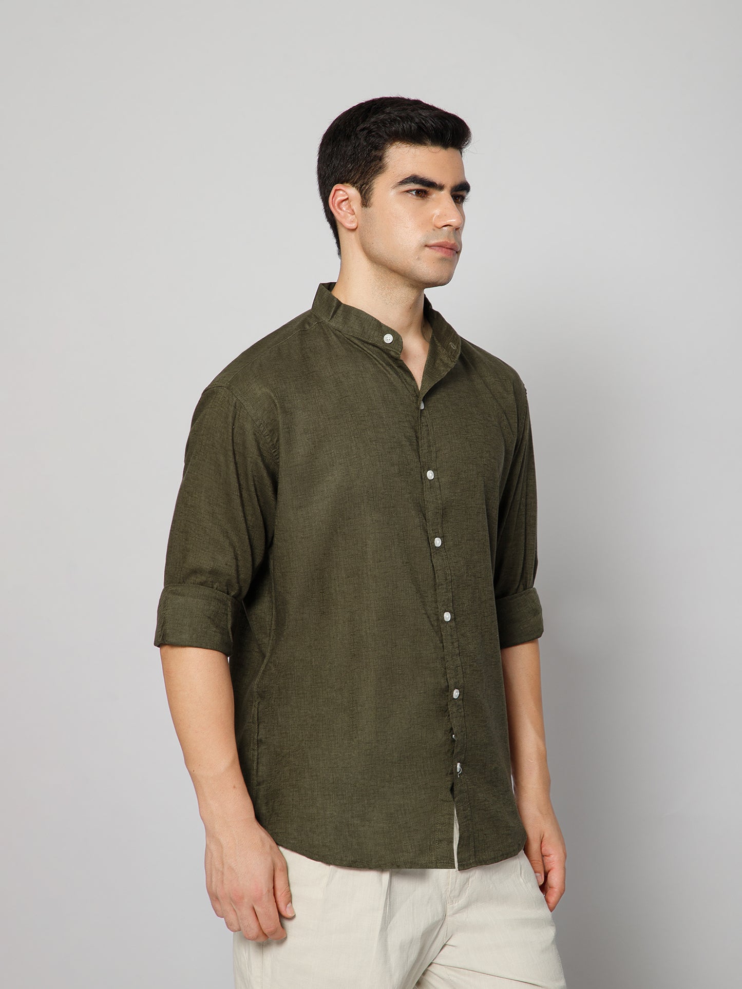 Men’s Olive Mandarian Collar Shirt