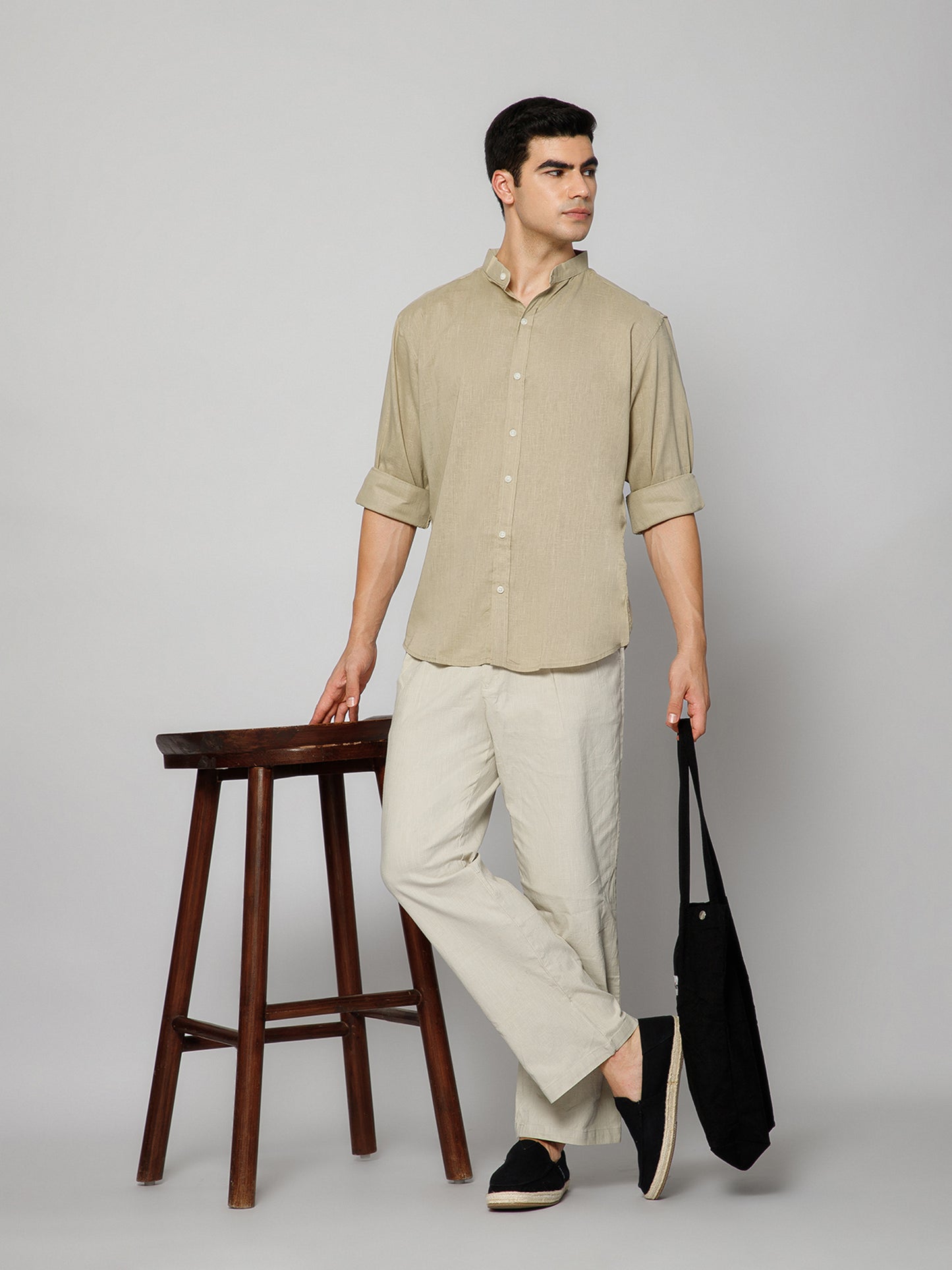 Men’s Beige Mandarian Collar Shirt