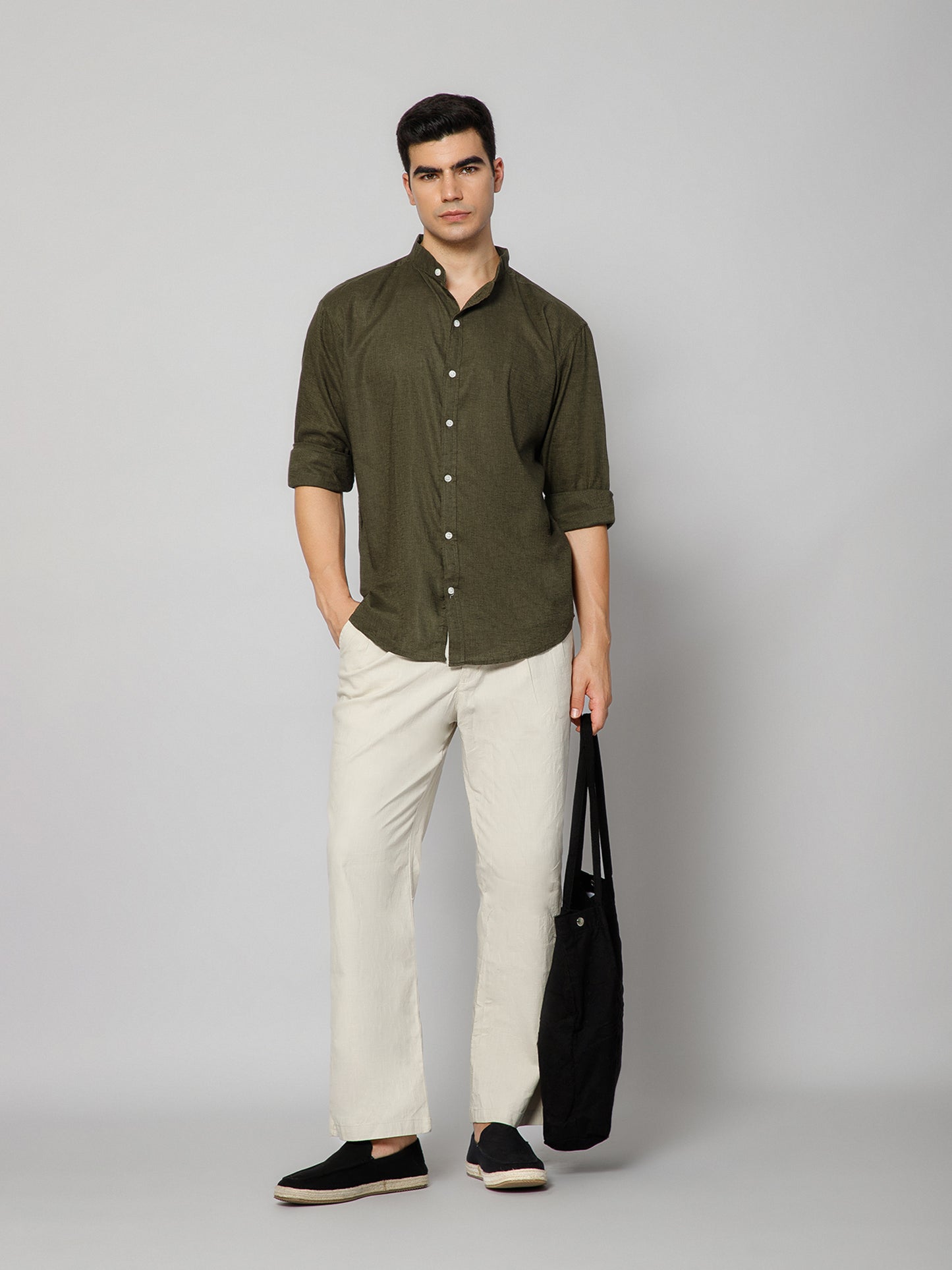 Men’s Olive Mandarian Collar Shirt