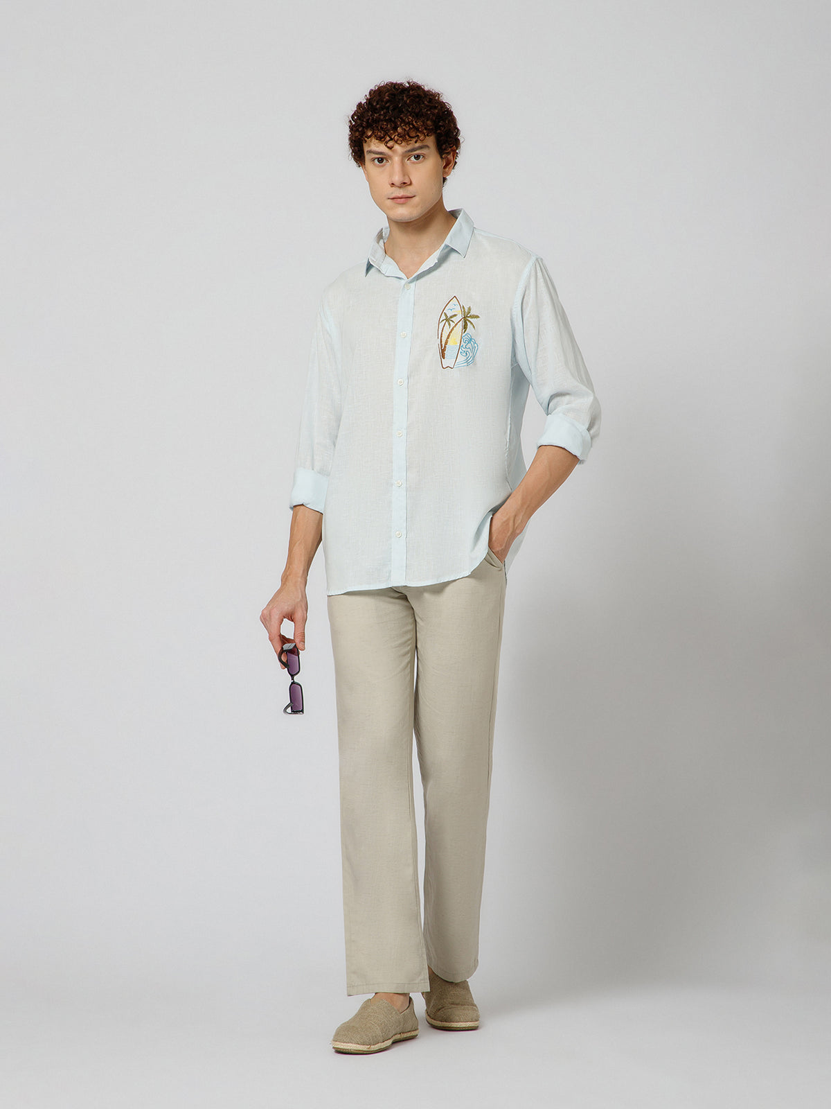 Surfing Linen Blend Relaxed fit Sky Blue Men's Shirt