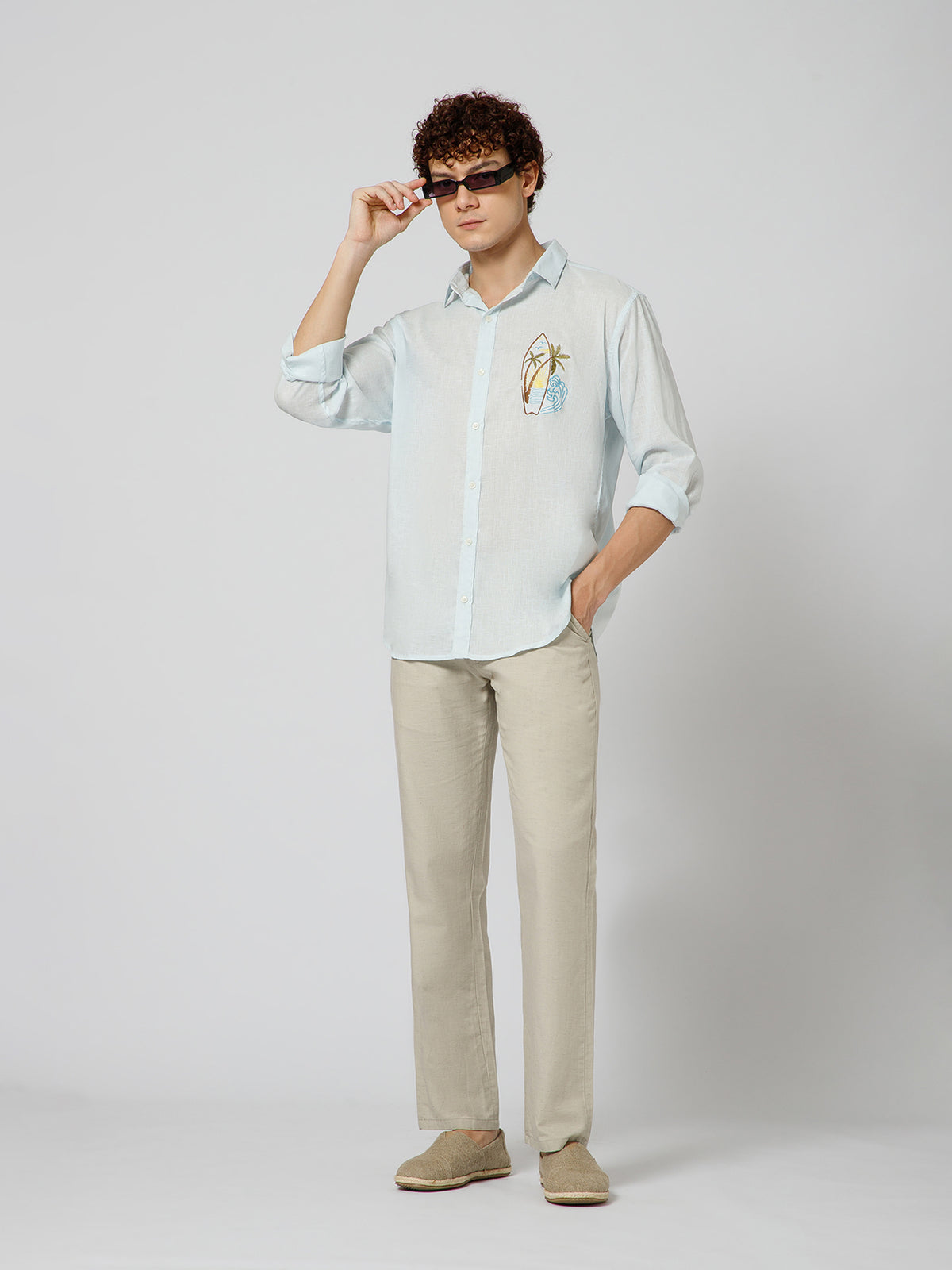 Surfing Linen Blend Relaxed fit Sky Blue Men's Shirt