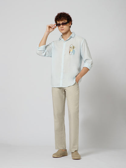 Surfing Linen Blend Relaxed fit Sky Blue Men's Shirt