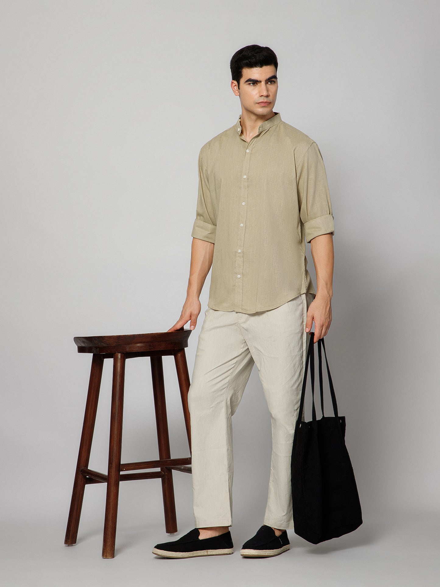 Men’s Beige Mandarian Collar Shirt