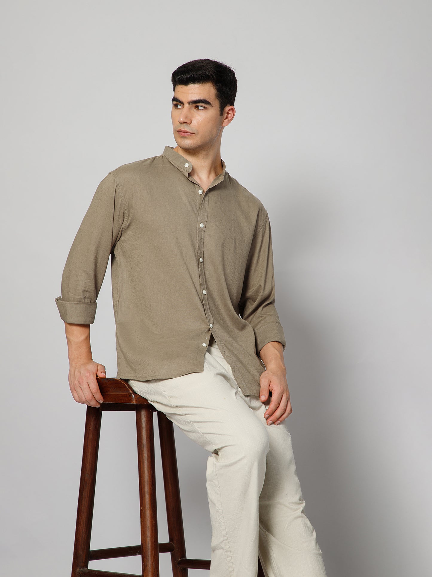 Men’s Khakhi Mandarian Collar Shirt