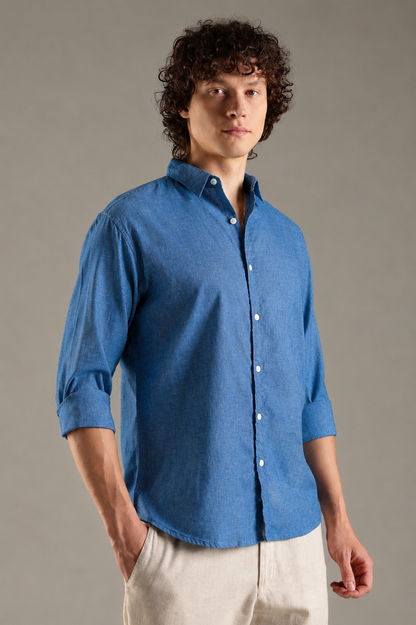 Powder Blue linen Blend Shirt For Men