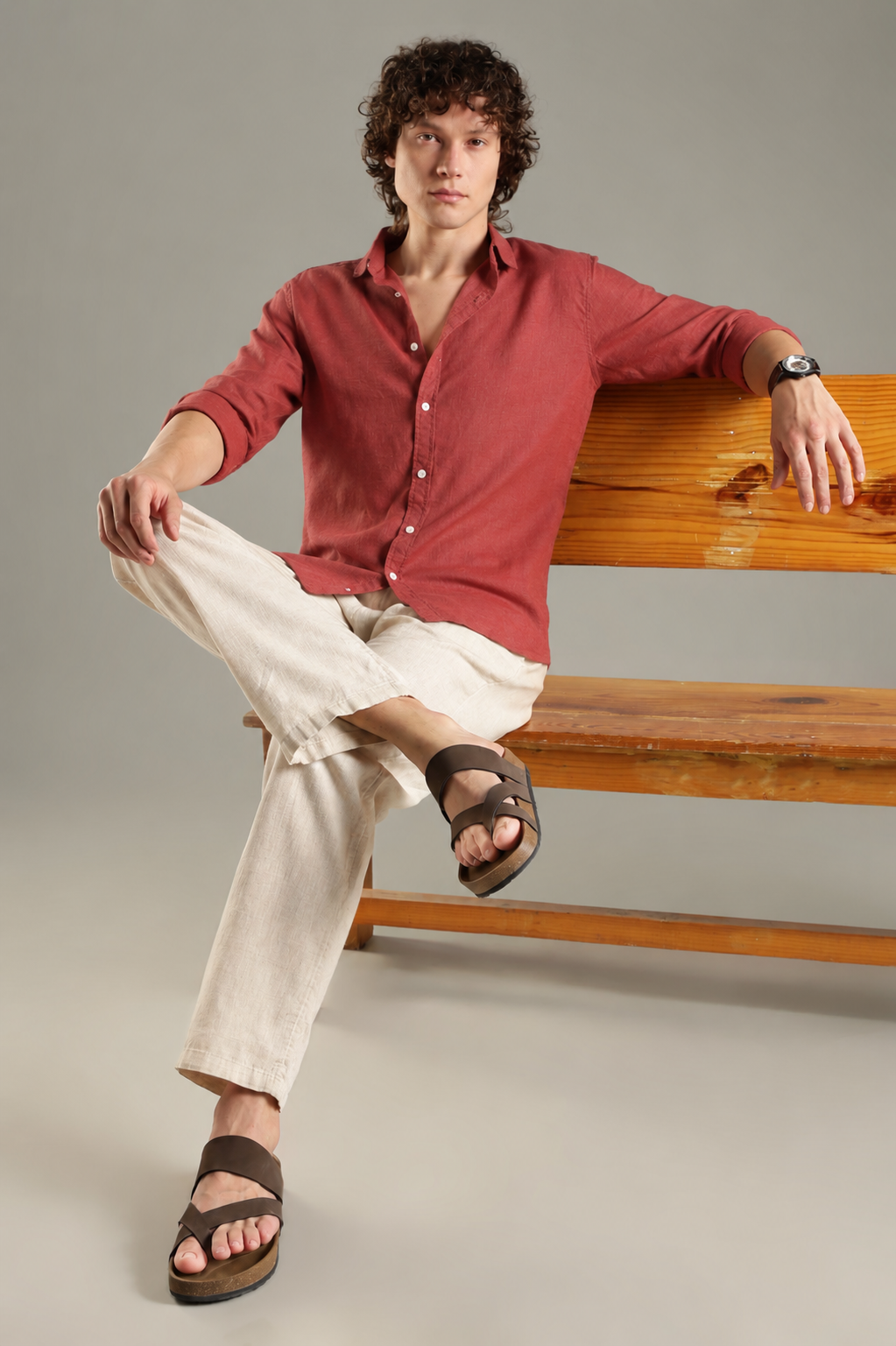 Rust Linen Blend Shirt For Men