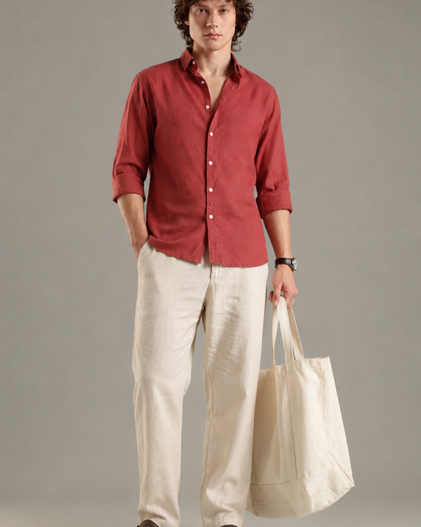 Rust Linen Blend Shirt For Men