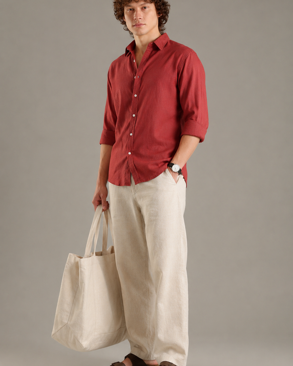 Rust Linen Blend Shirt For Men