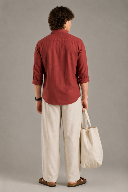 Rust Linen Blend Shirt For Men