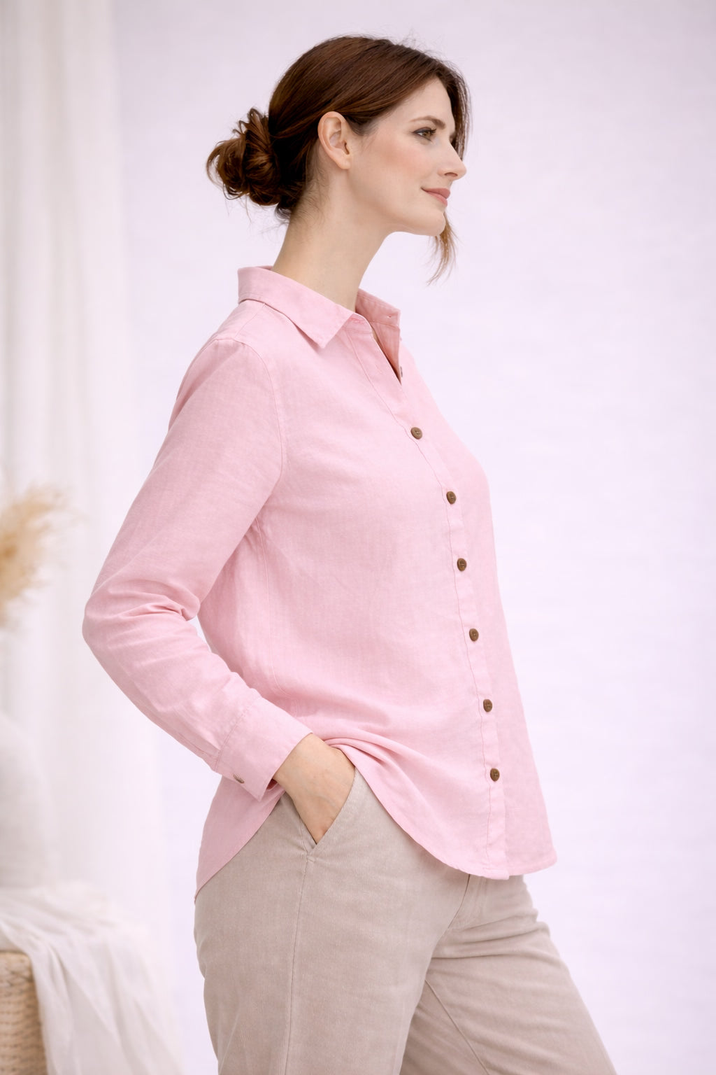Pink Cotton Linen Blend Shirt for Women
