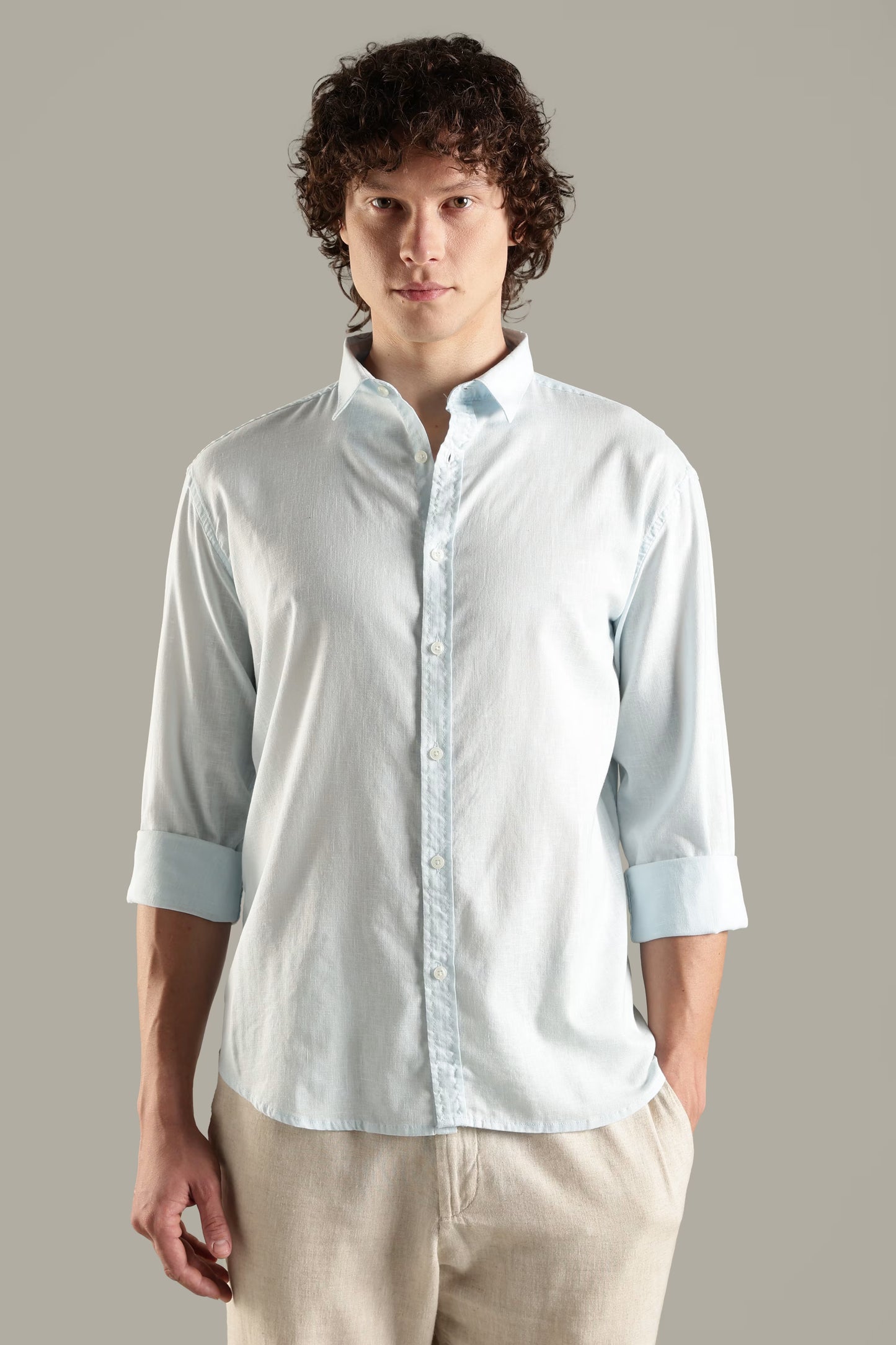 Light Blue Linen Blend Shirt for Men | Breathable Fit