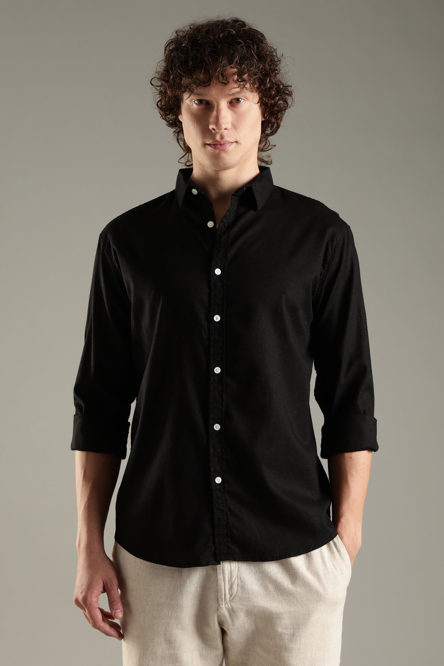 Black Cotton Linen Blend Shirt for Men | Breathable Fit