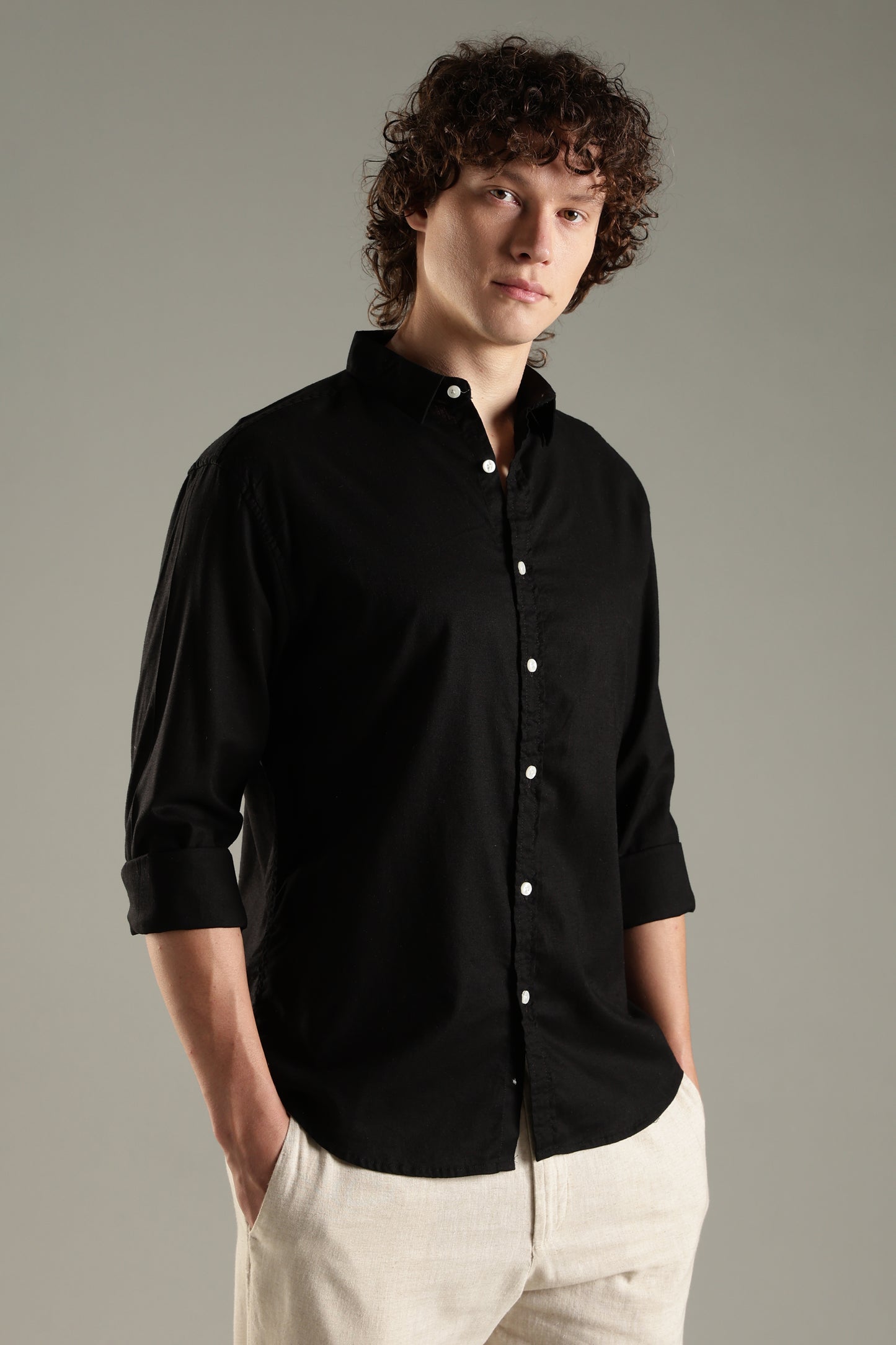 Black Cotton Linen Blend Shirt for Men | Breathable Fit