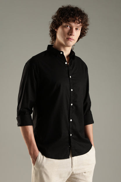 Black Cotton Linen Blend Shirt for Men | Breathable Fit