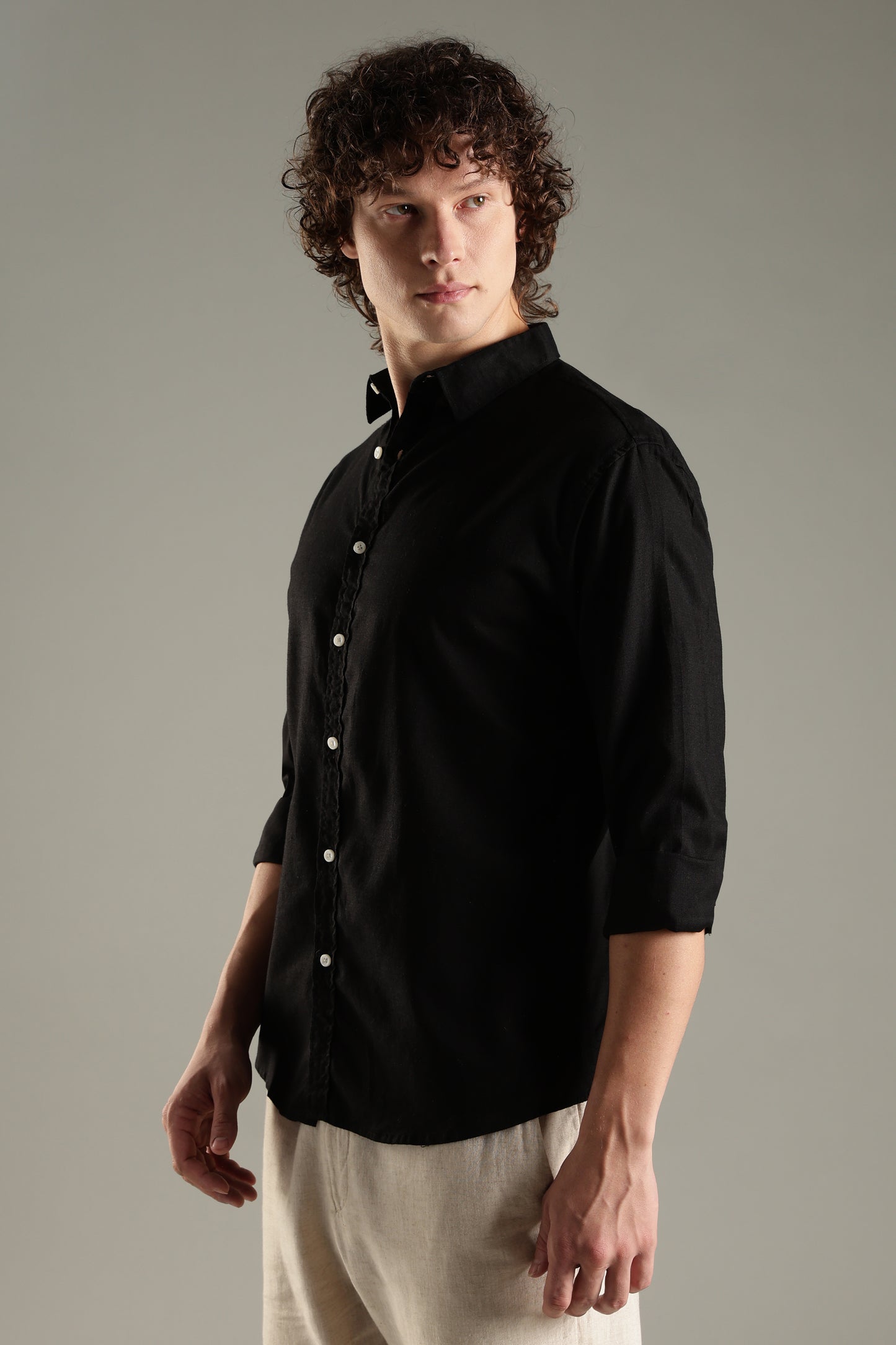 Black Cotton Linen Blend Shirt for Men | Breathable Fit