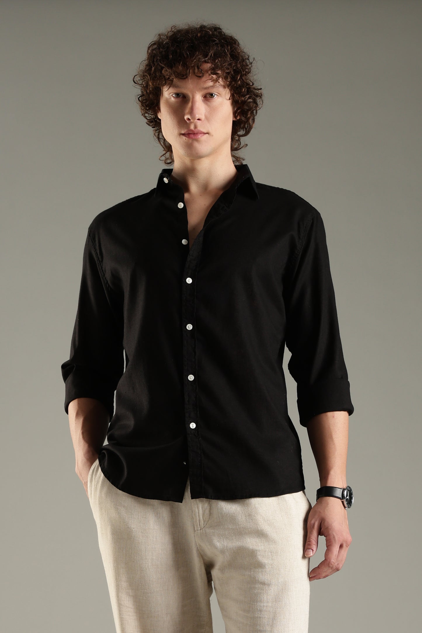 Black Cotton Linen Blend Shirt for Men | Breathable Fit