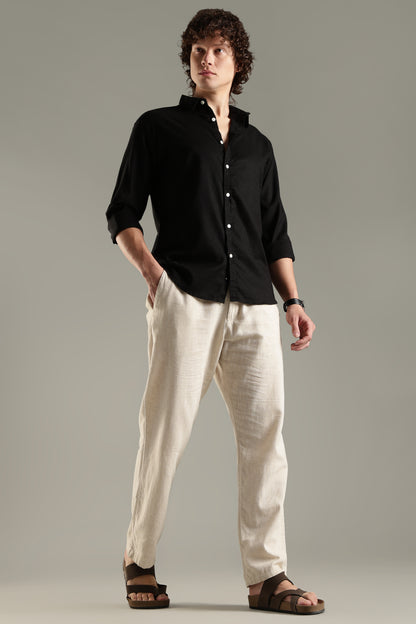 Black Cotton Linen Blend Shirt for Men | Breathable Fit