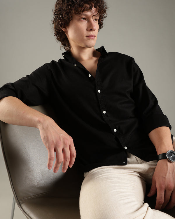 Black Cotton Linen Blend Shirt for Men | Breathable Fit
