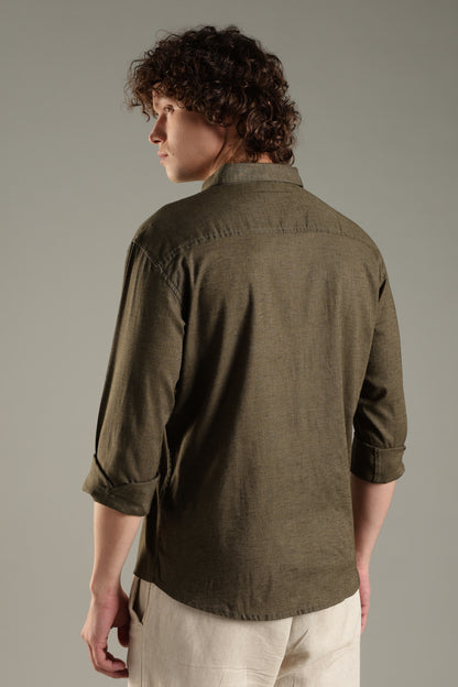 Olive Linen Blend Shirt for Men | Breathable Fit