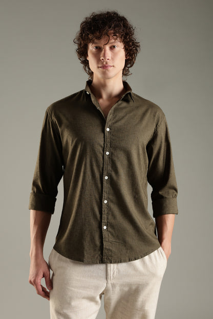 Olive Linen Blend Shirt for Men | Breathable Fit