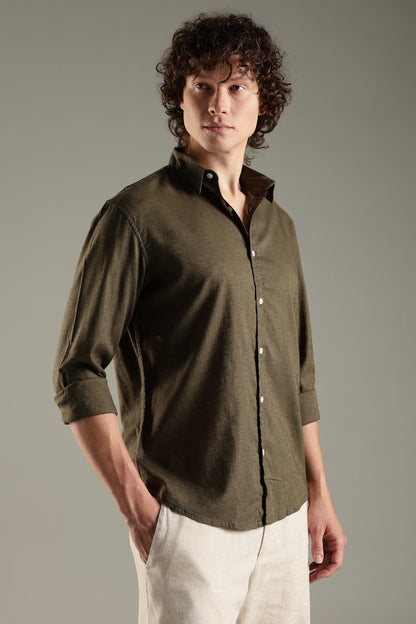 Olive Linen Blend Shirt for Men | Breathable Fit