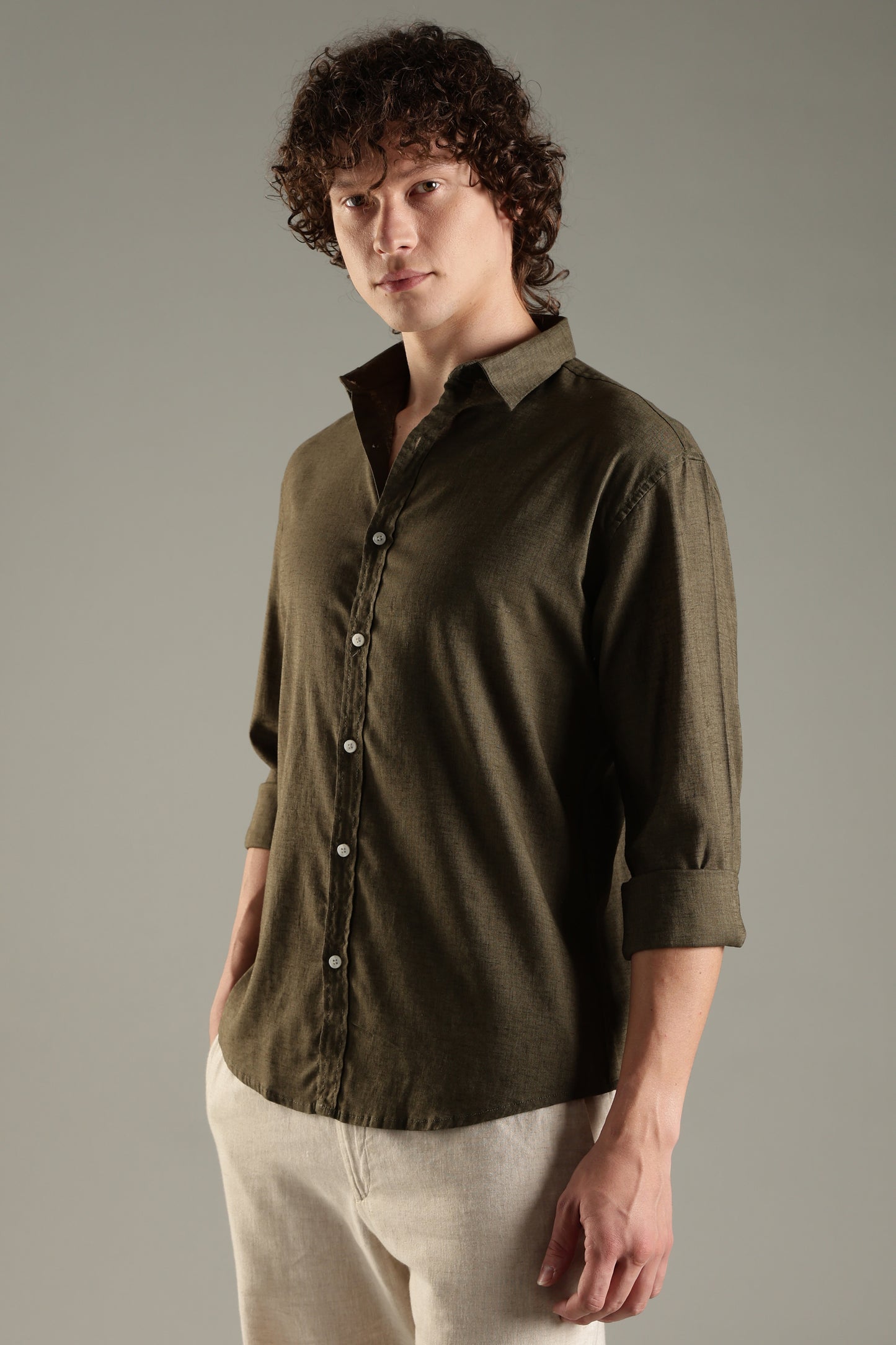 Olive Linen Blend Shirt for Men | Breathable Fit