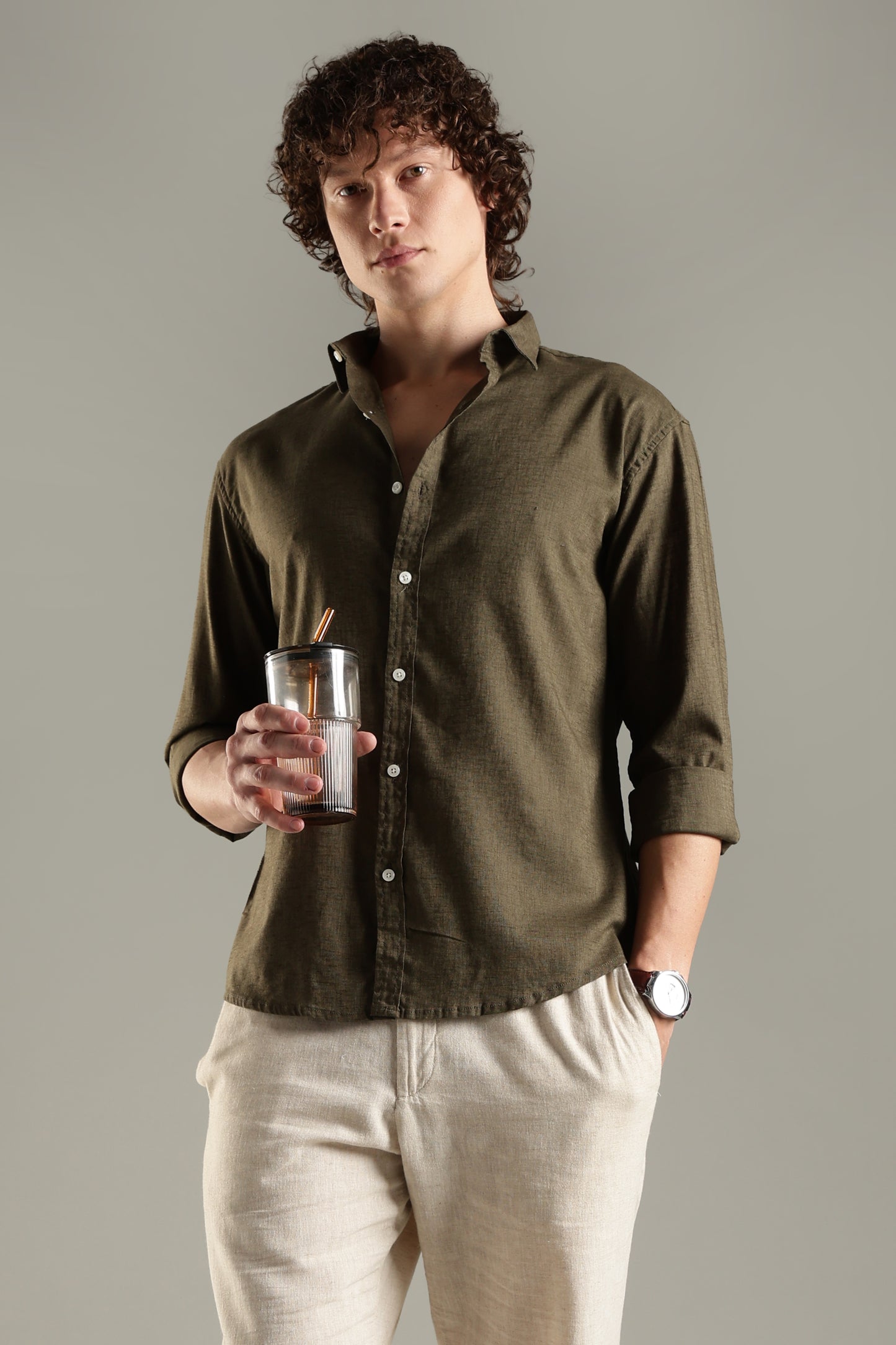 Olive Linen Blend Shirt for Men | Breathable Fit