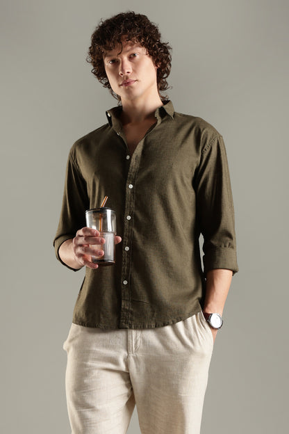 Olive Linen Blend Shirt for Men | Breathable Fit