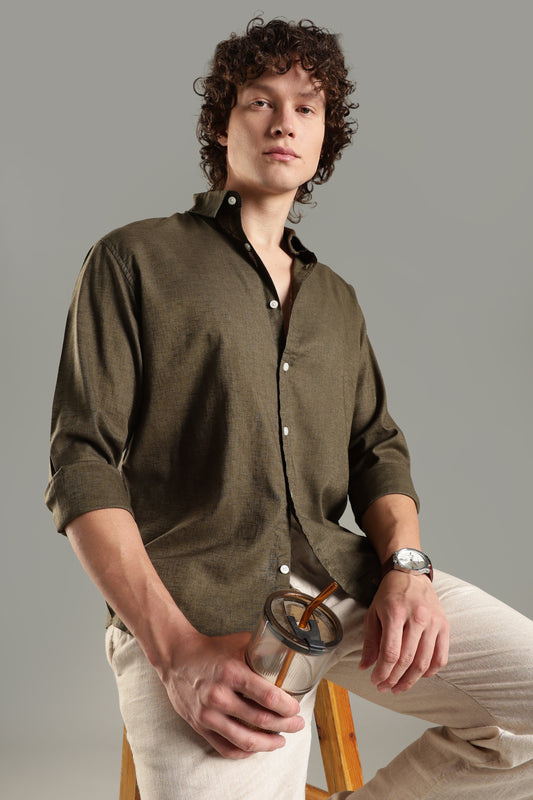 Olive Linen Blend Shirt for Men | Breathable Fit