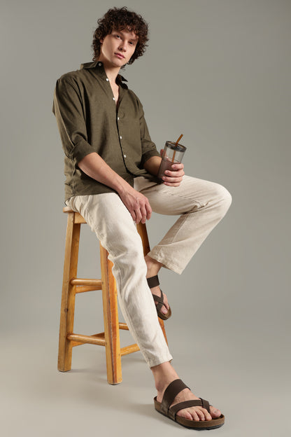 Olive Linen Blend Shirt for Men | Breathable Fit