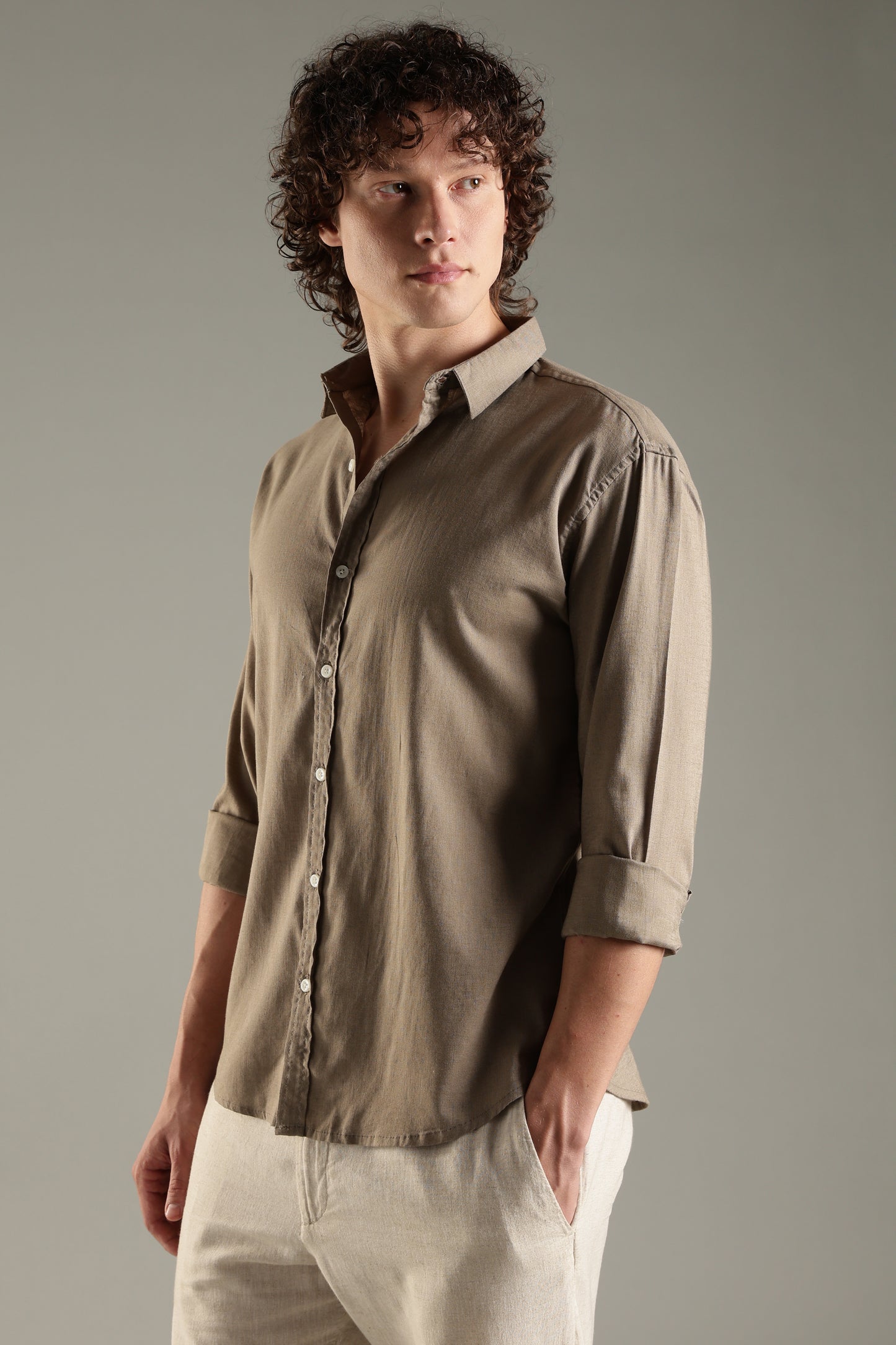 Khaki Linen Blend Shirt for Men | Breathable Fit