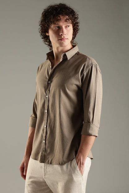 Khaki Linen Blend Shirt for Men | Breathable Fit