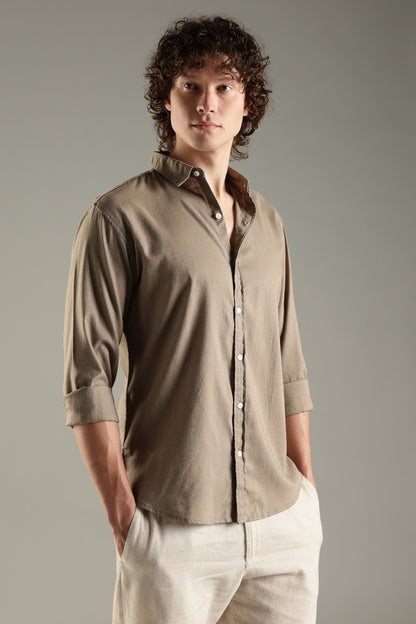 Khaki Linen Blend Shirt for Men | Breathable Fit
