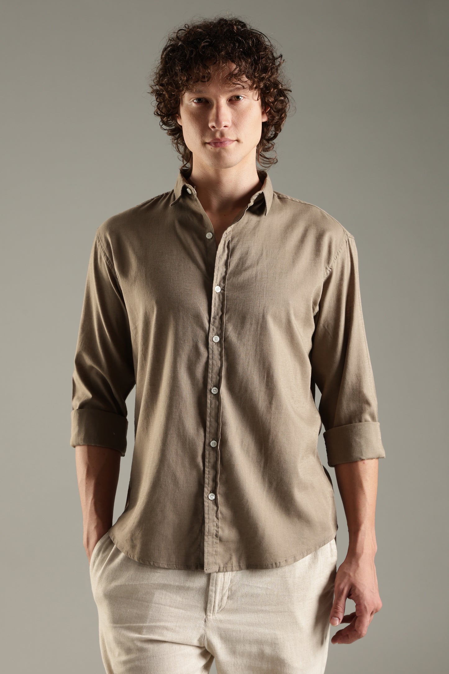 Khaki Linen Blend Shirt for Men | Breathable Fit