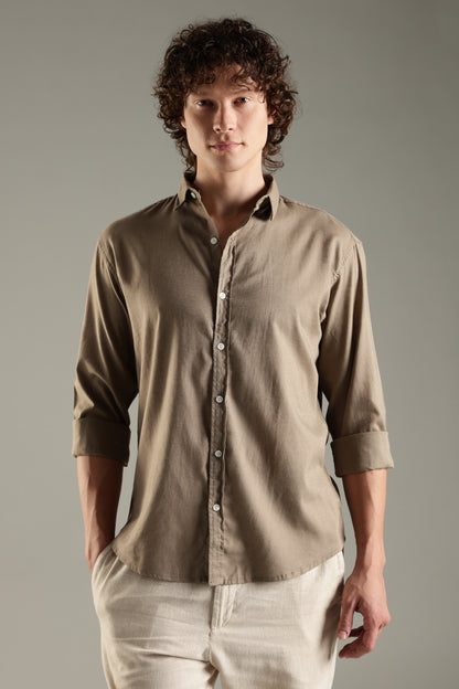Khaki Linen Blend Shirt for Men | Breathable Fit