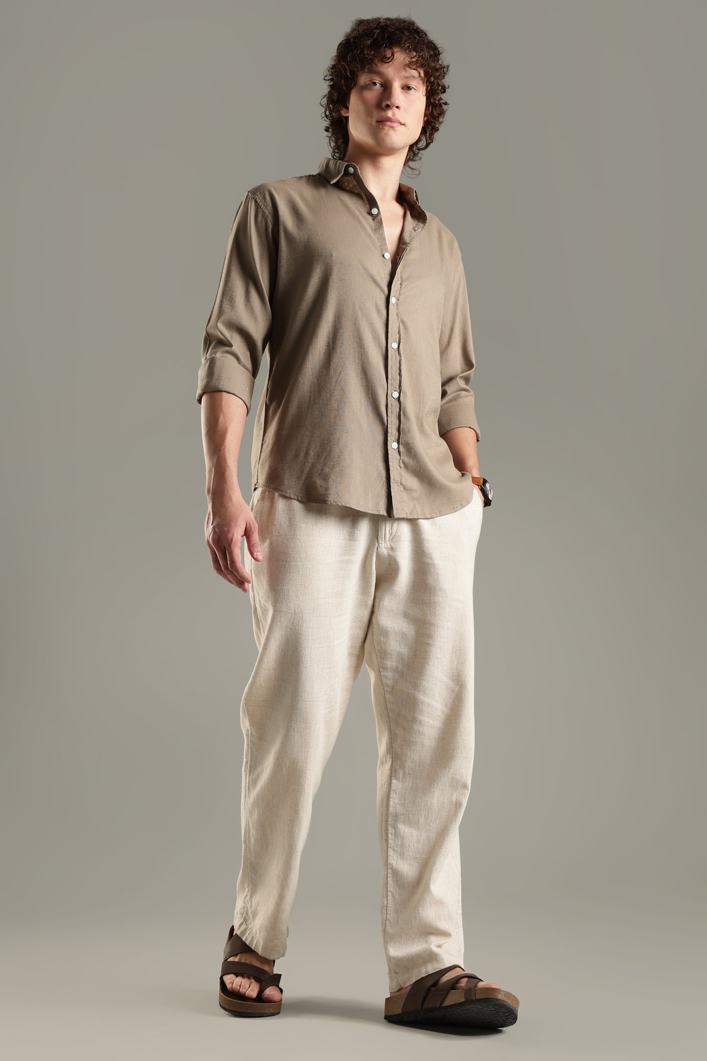 Khaki Linen Blend Shirt for Men | Breathable Fit