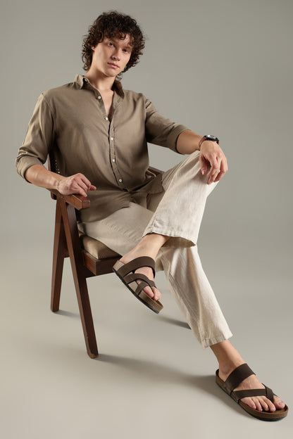 Khaki Linen Blend Shirt for Men | Breathable Fit