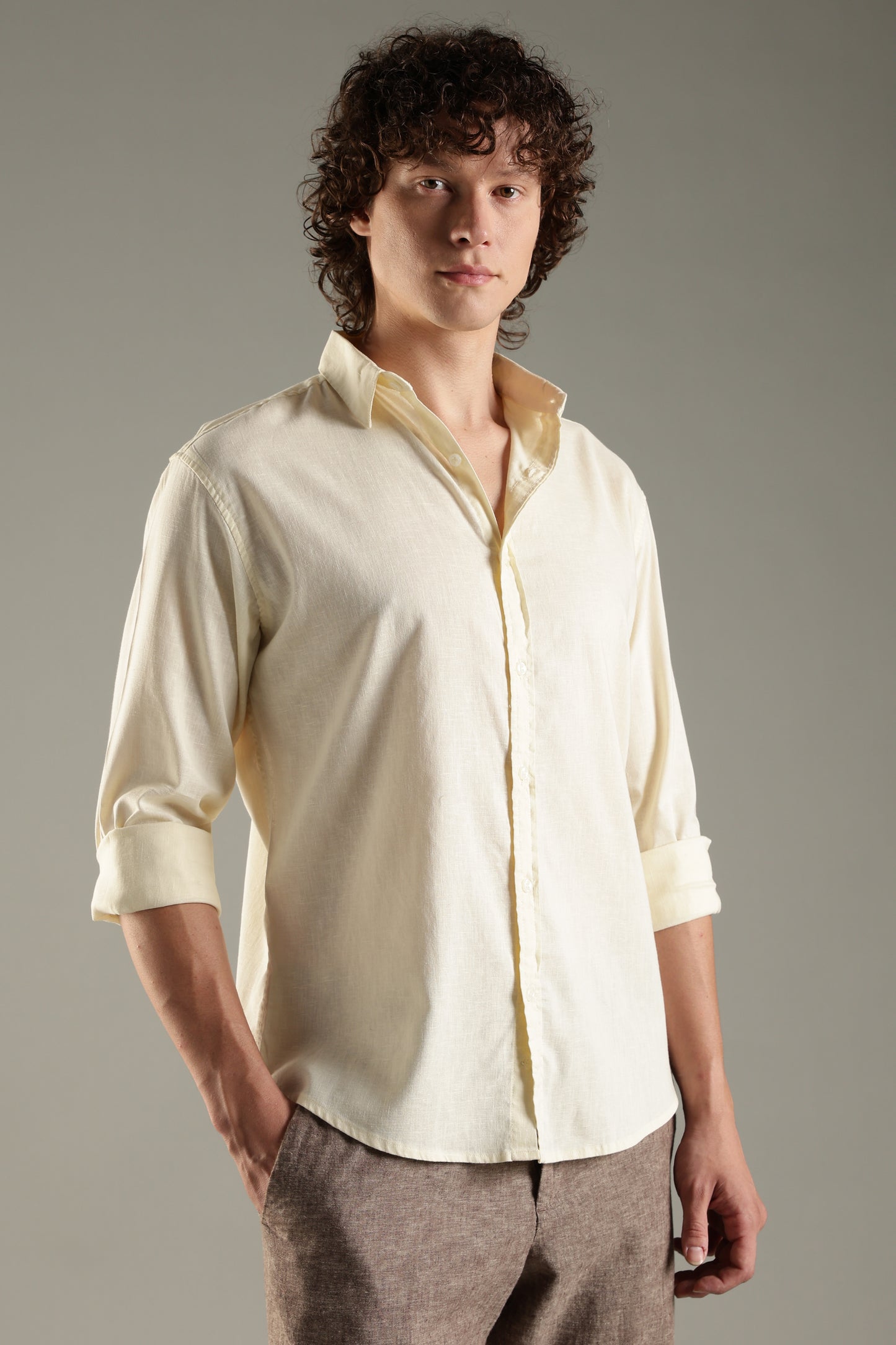 Yellow Linen Blend Shirt for Men | Breathable & Stylish