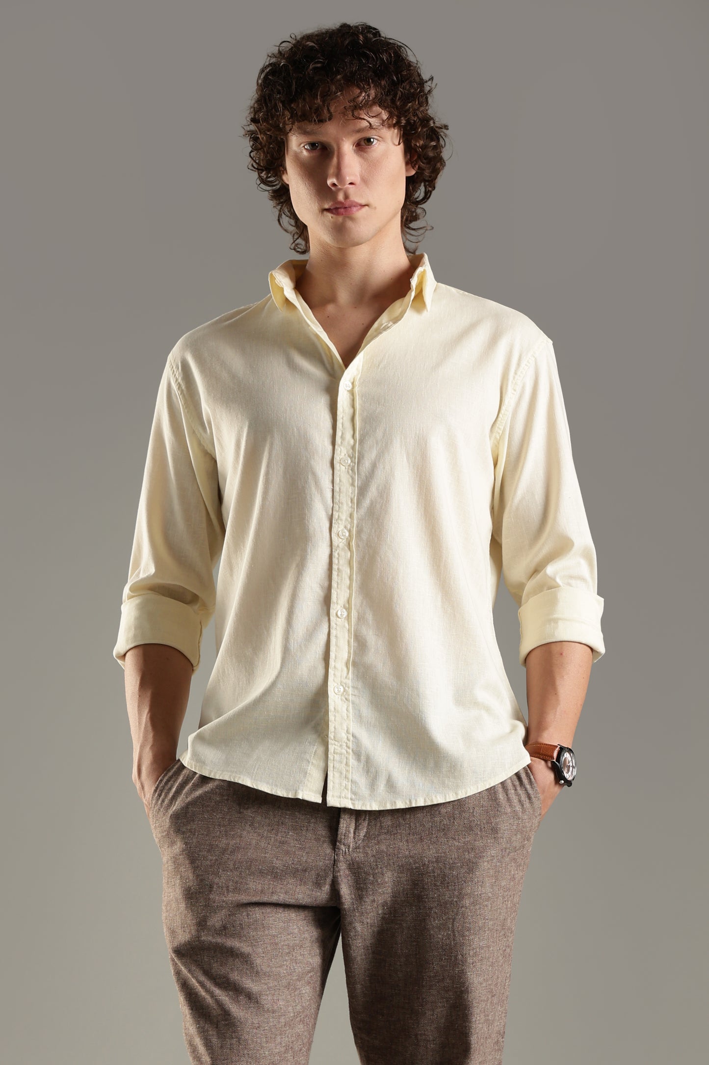 Yellow Linen Blend Shirt for Men | Breathable & Stylish
