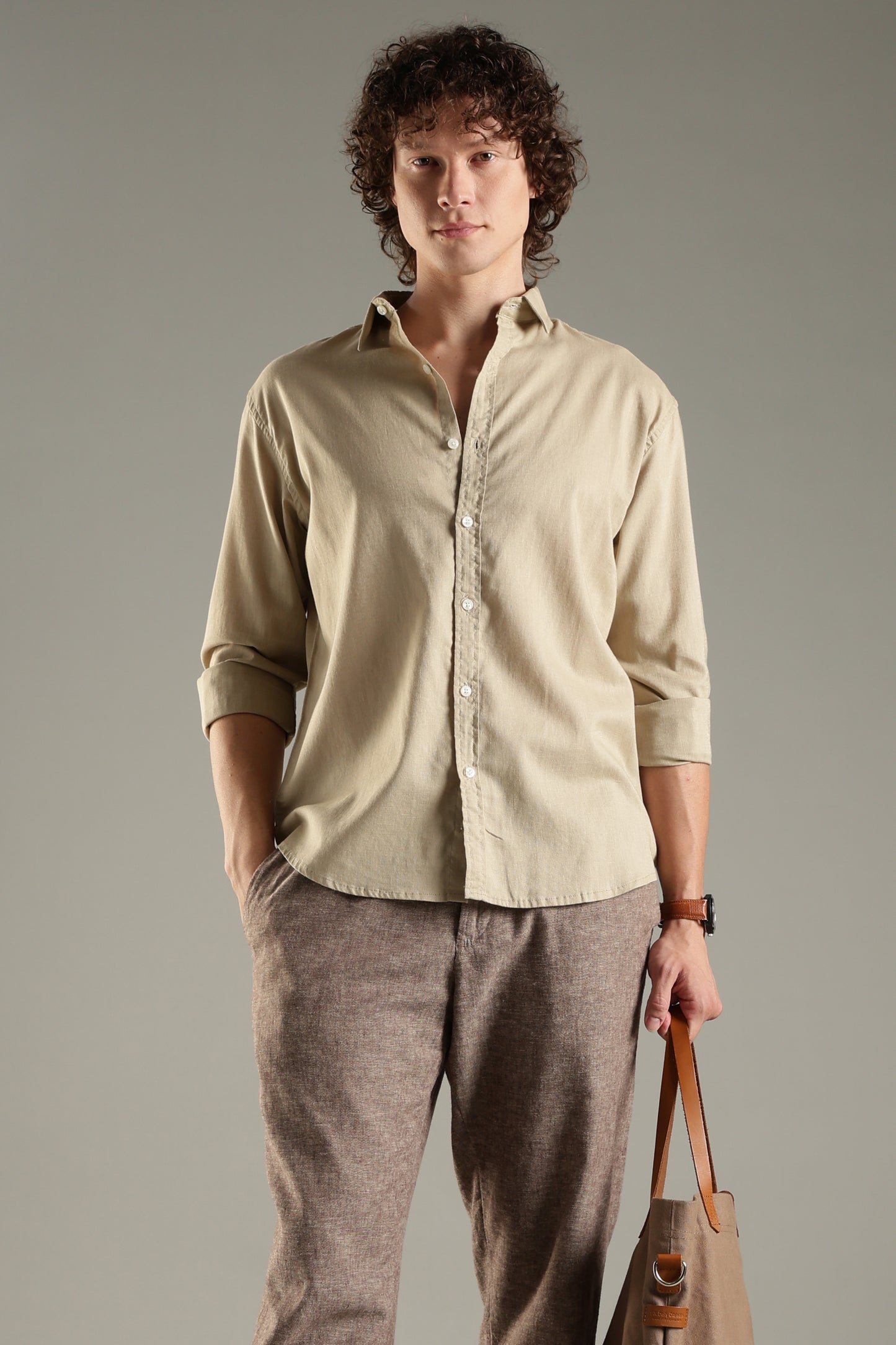 Beige Linen Blend Shirt for Men | Breathable Fit