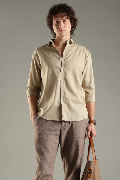 Beige Linen Blend Shirt for Men | Breathable Fit