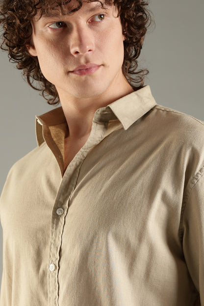 Beige Linen Blend Shirt for Men | Breathable Fit