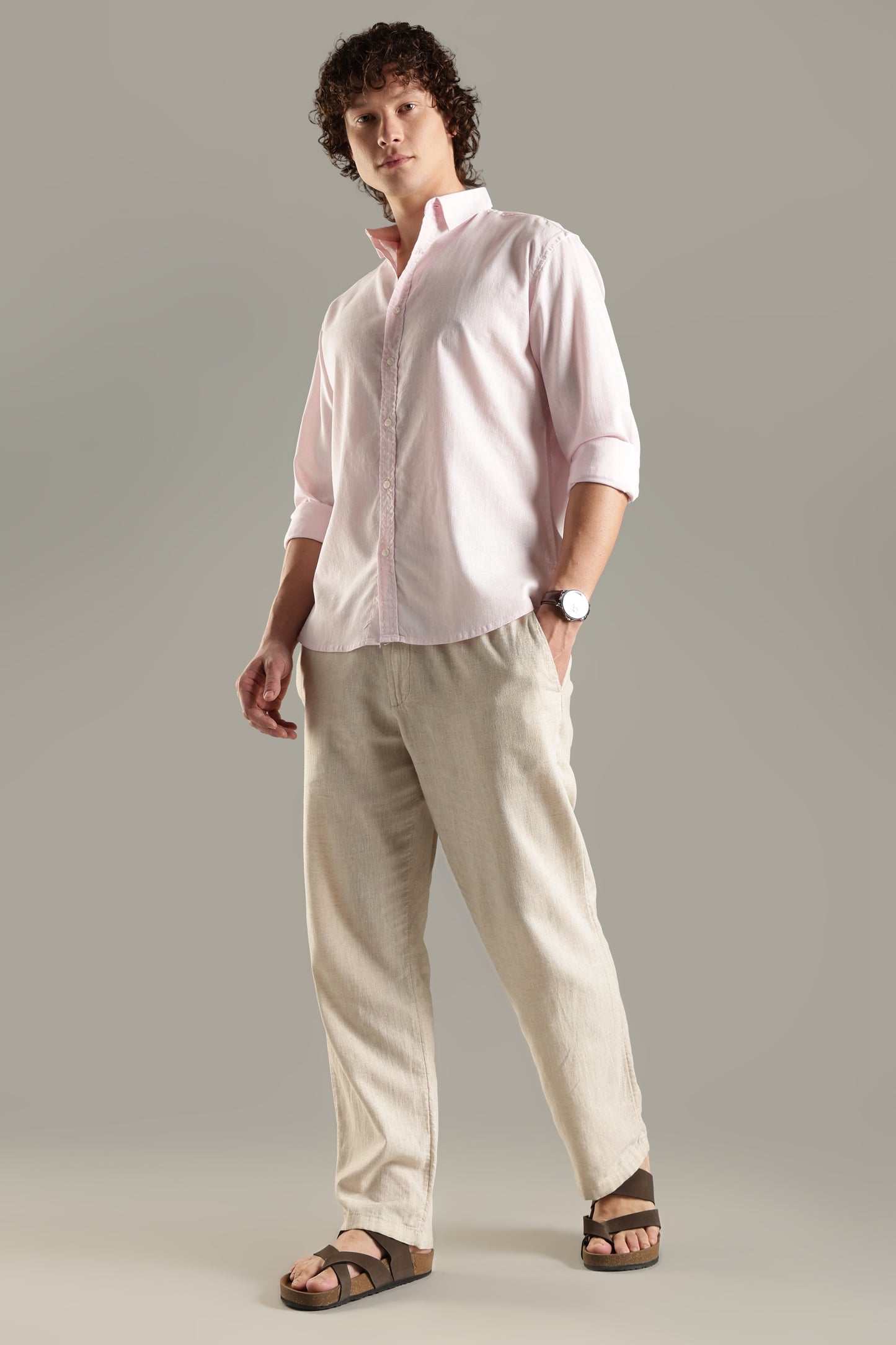 Pink Linen Blend Shirt for Men | Breathable Fit