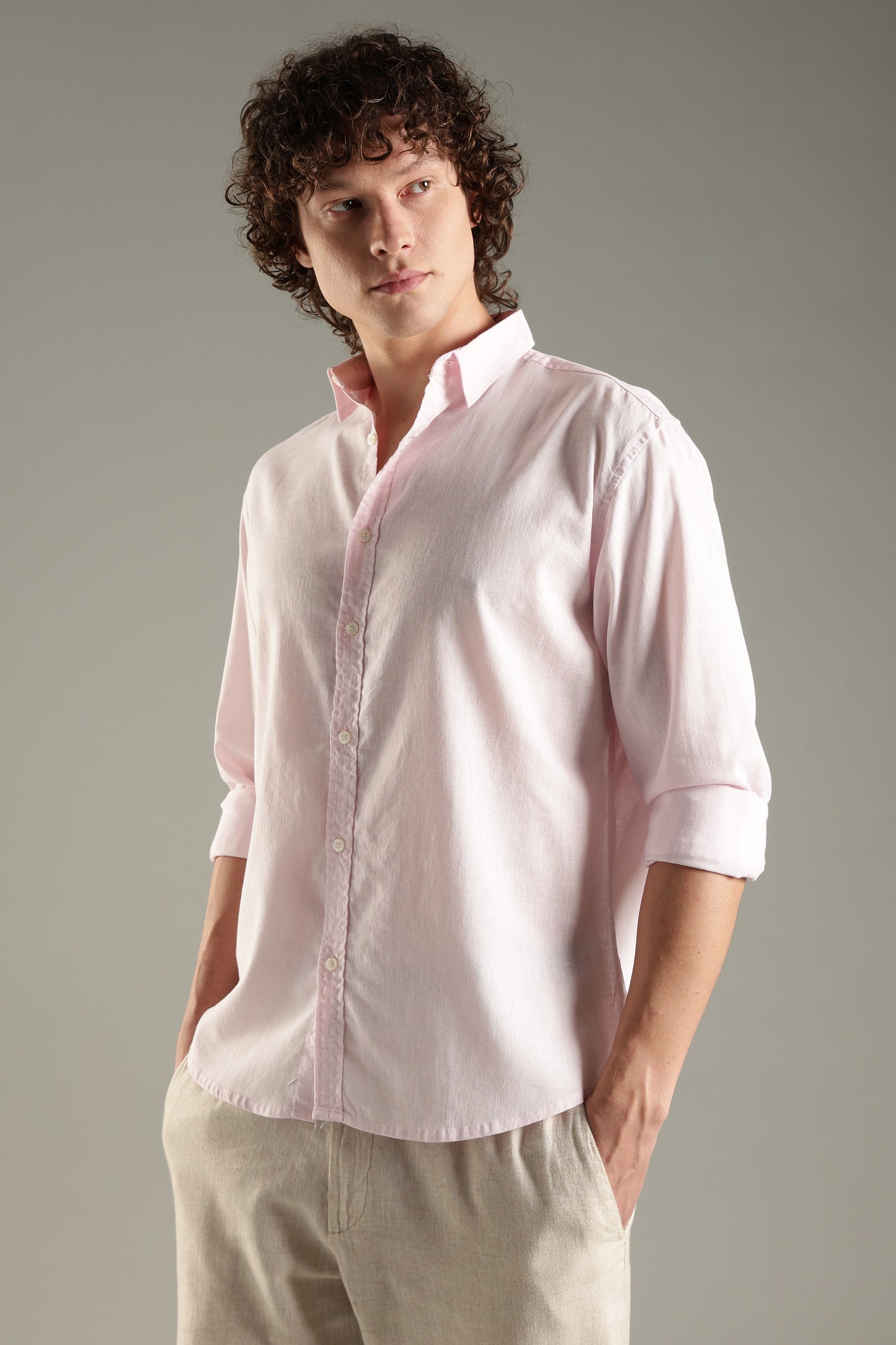 Pink Linen Blend Shirt for Men | Breathable Fit