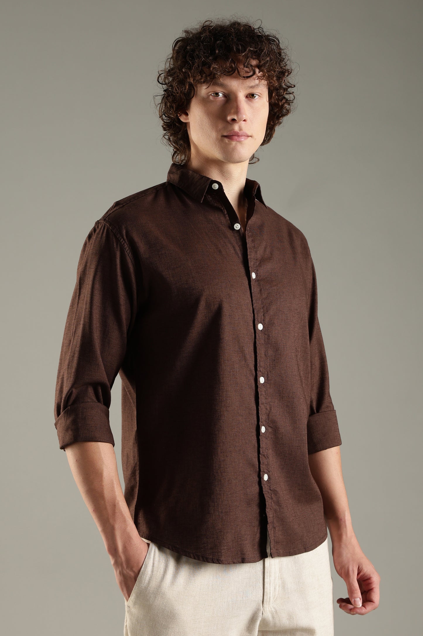 Dark Brown Cotton Linen Blend Shirt for Men | Breathable Fit