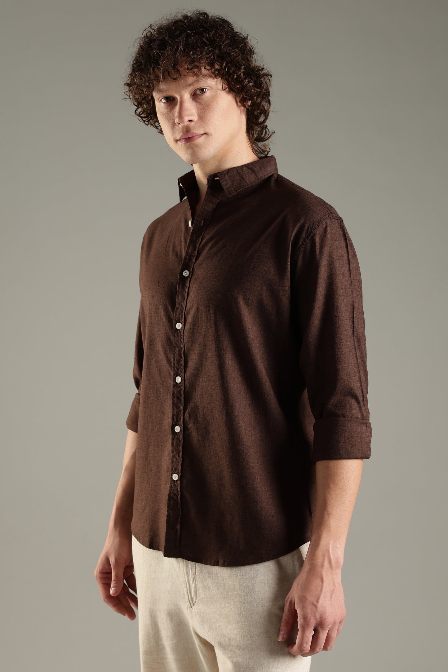 Dark Brown Cotton Linen Blend Shirt for Men | Breathable Fit