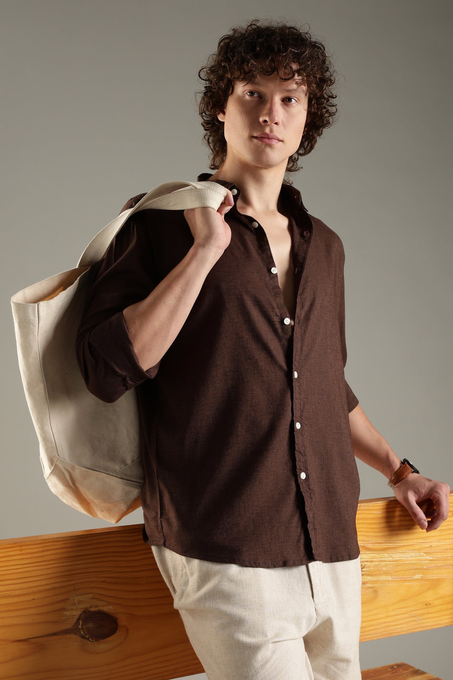 Dark Brown Cotton Linen Blend Shirt for Men | Breathable Fit