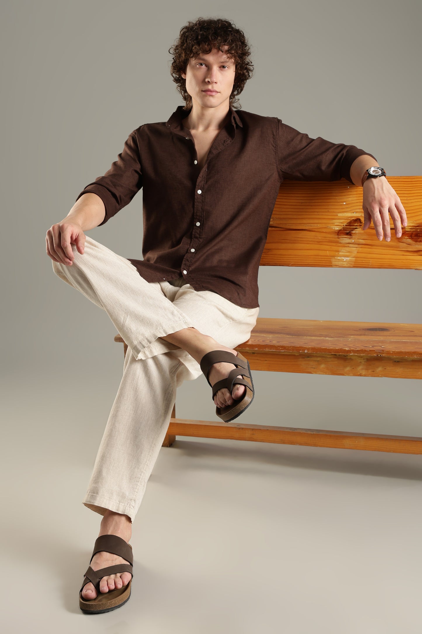 Dark Brown Cotton Linen Blend Shirt for Men | Breathable Fit